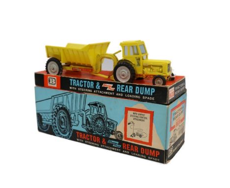 Britains Ltd Tractor and Rear Dump #9630 Fordson Super Major Industrial Tractor with Shawnee Poole Dump Trailer, yellow, on s
