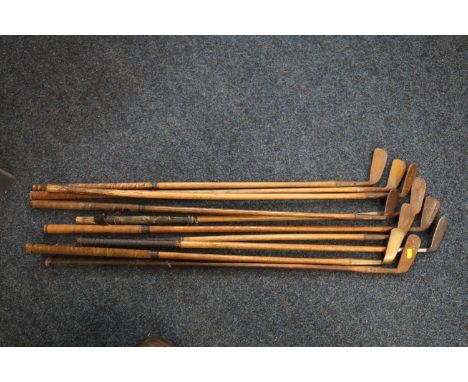 Ten hickory shafted golf clubs including Thornton and Co Ltd niblick, Rivers of Westonian, Alex Low of St Andrews mashie, Tho