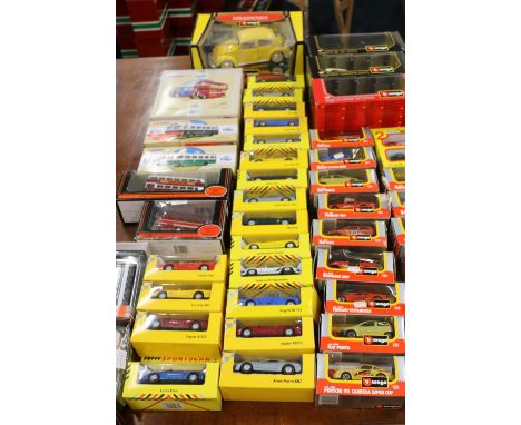 Approximately forty-eight diecast model vehicles including Burago (21), Exclusive First Editions EFE (4), Shell (18) and Corg