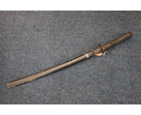 Japanese katana sword having curving 74cm long blade, punched design iron tsuba, the tang not accessible, fish skin grip, swo