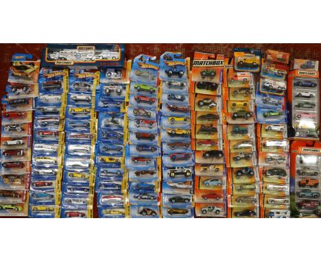 Over one hundred Mattel Hot Wheels and Matchbox diecast model vehicles, each carded. (&gt;100) 