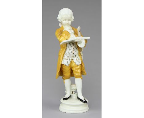 Goldscheider - Figur "Mozart" Feinkeramik farbig dekoriert und glasiert, stehender Knabe mit Geige und Notenbuch auf rundem, 