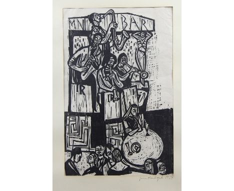 Vogel, Gunther (Karlsruhe 1929 - 1988 Titisee - Neustadt) Konvolut von fünf Graphiken, a) Holzschnitt "MN Bar" auf Japan, Aus