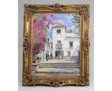 Bilbao Martínez, Gonzalo (Sevilla 1860 - 1938 Madrid) Gemälde "Plaza Alfaro", Öl auf Leinwand, Blick auf den sonnendurchflute