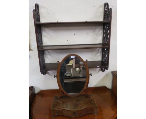 A Victorian walnut three drawer dressing mirror, mahogany three tier hanging wall shelf, mahogany three tier cake stand and a