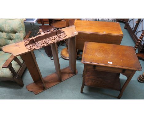 A 20th century oak single drawer side table,oak drop leaf occasional table,pine three tier wall shelf,another wall shelf, two