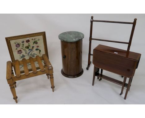 A Victorian mahogany Sutherland table, beech luggage rack, Victorian mahogany cylindrical bedside cabinet with faux marble to