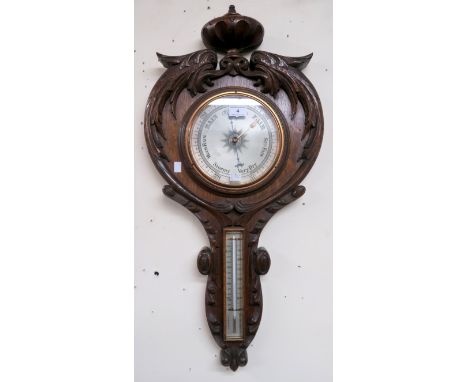Victorian carved oak barometer thermometer 84cm high and an oak five tier open bookcase 99cm high x 83cm wide x 21cm deep (2)