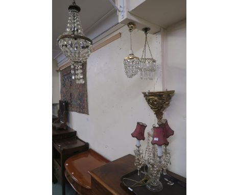 Three glass light fixtures, three armed glass table lamp and a gilt wall sconce (5) Condition Report: Available upon request