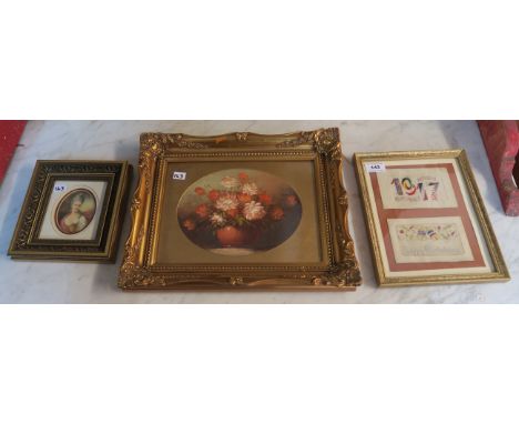 Two embroidered world war one souvenir greetings cards in frame and two framed prints (3) Condition Report: Available upon re