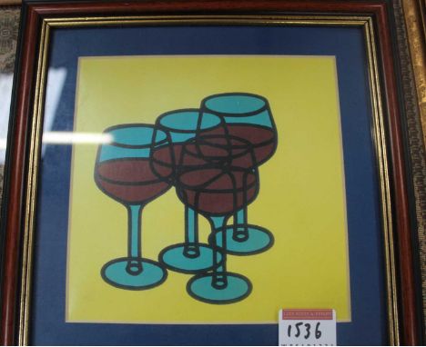 A framed Flemish tapestry featuring grapes, 28 x 30cm; Contemporary school - Four wine glasses, print; and a selection of unf