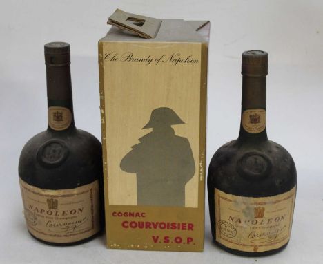 Couvoisier cognac champagne, four bottles; Napoleon Courvoisier cognac fine champagne, one bottle; one half bottle by Luxe; a