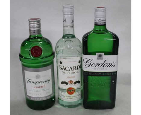 Gordon's special dry London gin, 100cl, 37.5%, one bottle; Tanqueray imported London dry gin, 100cl, 47.3%, two bottles; and 