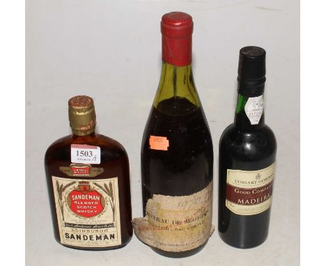 Sandeman Blended Scotch whisky, circa 1950, 4/5 pint, 86º proof, one bottle; Château de Segrits 1970(?), Lirac, one bottle; a