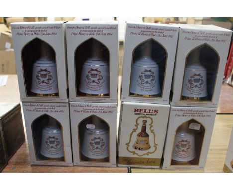 Eight various commemorative Bell's Scotch whisky decanter for the birth of various Royal children, each 50cl, 40%, in window 