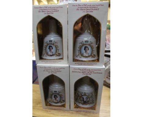 Eight various Bell's commemorative Scotch whisky decanters, to include the 60th birthday of HM QEII and the marriage of Princ