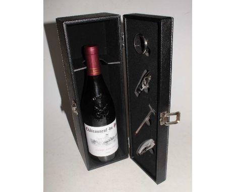 Châteauneuf du Papes, 2016, one bottle in gift box with corkscrew, thermometer, and napkin ring, in stitched faux leather cas