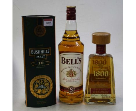 Bushmill's aged 10 years single malt Irish whiskey, 70cl, 40%, one bottle in carton; Bell's blended Scotch whisky, 100cl, 40%