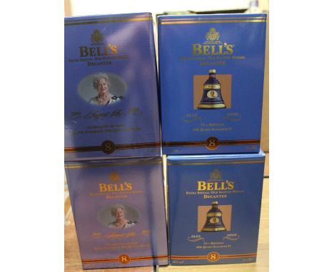 Four Bell's aged 8 years commemorative Scotch whisky decanters, to include celebrating the Queen Mother's birthday 2000, 70cl