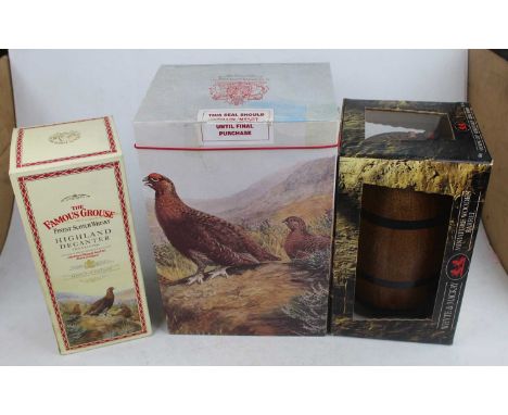The Famous Grouse Highland decanter, 70cl, 40%, one bottle in carton; Whyte &amp; Mackay miniature wooden barrel with pouring