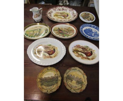 Palissy, Royal Tudor ware, Old Alton ware, Liverpool pottery- game themed plates plus an blue and white plate, strawberry jug