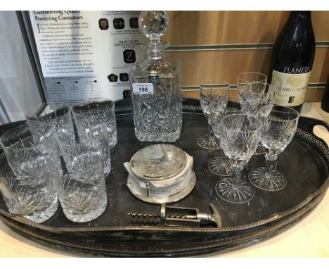 CRYSTAL DECANTER , GLASSES & TRAY