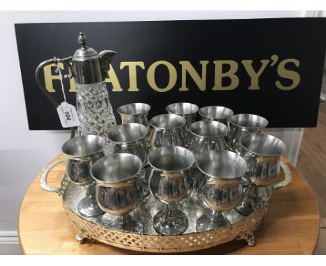 12 PEWTER GOBLETS & SILVER PLATE TRAY & DECANTER