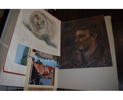 A selection of prints and original art work including mid century style portrait