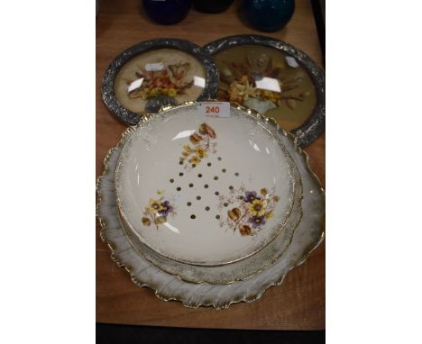 A vintage scalloped floral plate with gilt detailing in the form of a shell,a similar bowl with drainage holes and tray and t