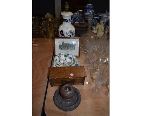 A miniature oak model kist some Masons regency ceramics and a lamp base