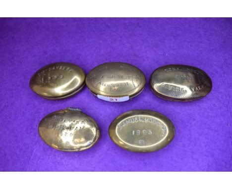 Five brass cast late 18th century snuff or pill box or cases including Vaughan Wrexham Abercwmboi and Ogmore Vale