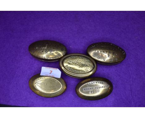 Five brass cast antique snuff or pill box or containers including Mount Pleasant Nixon Villia London Dolddafydd and Borth