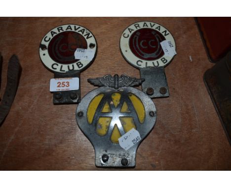 Two caravan club motor car hood badges and a similar AA engine badge