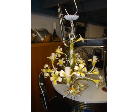 A stunning vintage metal work Italian toleware chandelier / light fixture being very ornate and adorned with painted flowers 