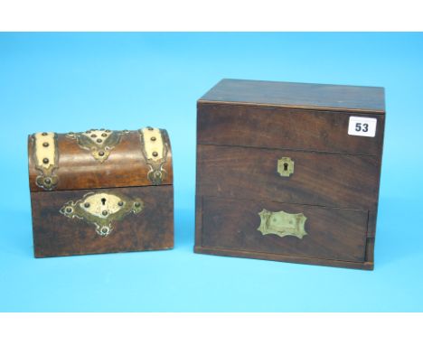 A 19th century mahogany work box with rising lid opening to reveal a fitted interior, below a small drawer; and a small walnu