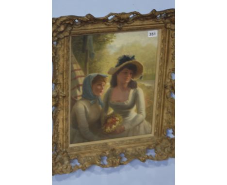 Continental School  Oil on canvas  Unsigned  "Portrait of two ladies, one holding a bouquet of flowers"  39 cm x 30 cm