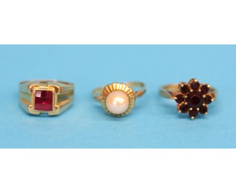 Three 9ct gold rings, a garnet cluster ring, a pearl set and a facet cut garnet.  Ring sizes M, M and N.
