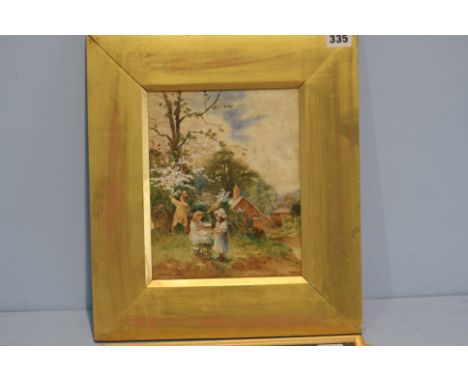 Arthur Stanley Wilkinson  c.1860-1930  Watercolour  Signed  "Young boy picking blossom with the help of two girls"  23 cm x 1