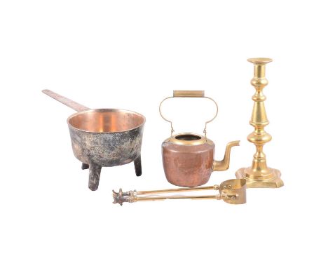 Georgian tripod skillet/pan, indistinct name to the handle, other metalware including brass candlesticks, fireside metalware,