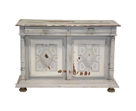 19th Century French painted buffet, two drawers above carved cupboards, width 140cm, depth 53cm, height 97cm.