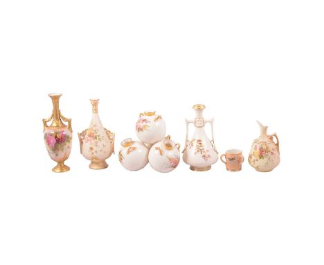 Small collection of Royal Worcester blush ivory, including a twin handled vase, 211, paited with roses, 18.5cm, pair of vases