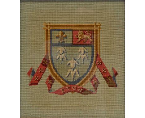 Eton College, a cross-stitch tapestry of the school crest, 45x40cm, in felt frame; a set of ten hand-painted glass slides dep