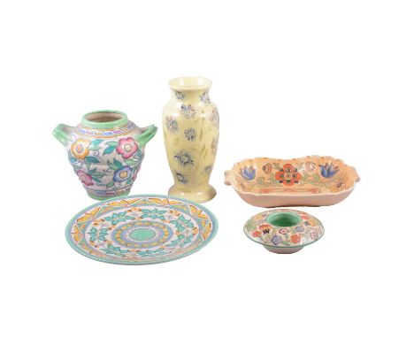 Small collection of Crown Ducal Charlotte Rhead pottery, including a large charger, printed factory mark, cigned and numbered