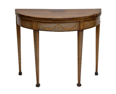 George III mahogany and marquetry demi-lune card table, inlaid with an urn and swags, baize lined interior, square tapering l