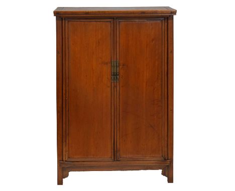 Chinese softwood two-door cabinet, the interior fitted with three shelves, the middle shelf with two frieze drawers, W77cm D3