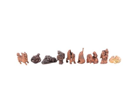 Sixteen Japanese carved wood netsuke, including figures, animalia, reptiles.  Qty: 16  Condition report:generally good, all a