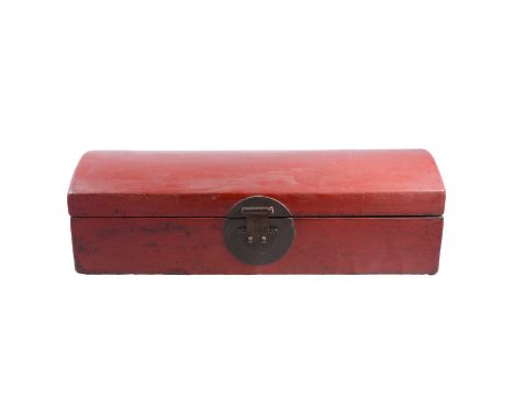 Small Chinese lacquered trunk, with ornamental fastening, domed top, width 64cm, depth 24.5cm, height 18cm.