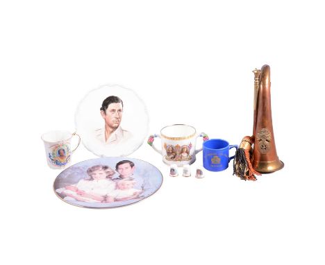 Collection of Royal Commemorative ceramics, Royal Welsh Fusiliers bugle, etc.