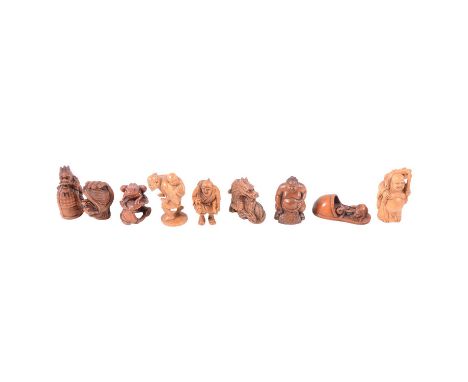 Eighteen Japanese carved wood netsuke, a mixture of animalia and figures, some signed.Qty: 18