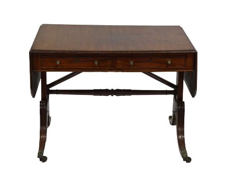 Late Georgian mahogany sofa table, two frieze drawers, serving as a dressing table, width 150cm, depth 69cm, height 72cm.